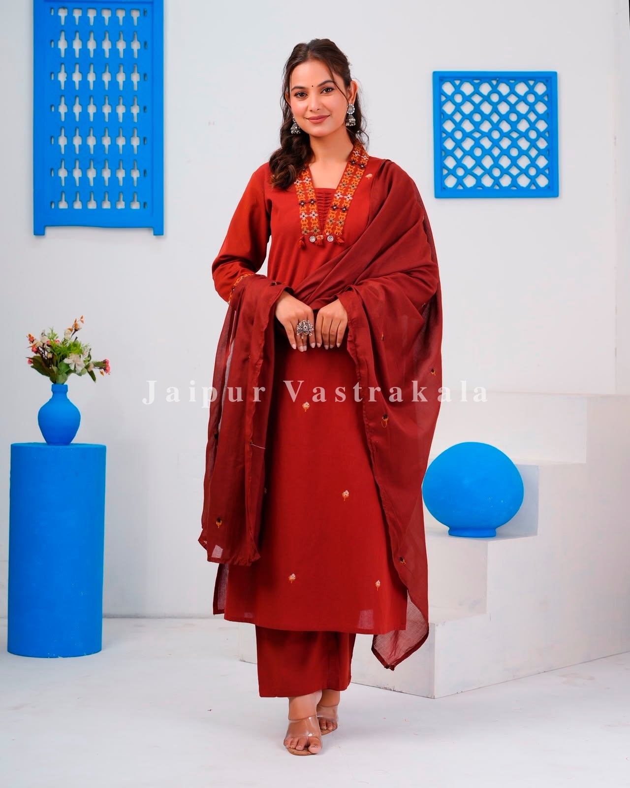 Rust Embroidery Flex Cotton Dupatta Set