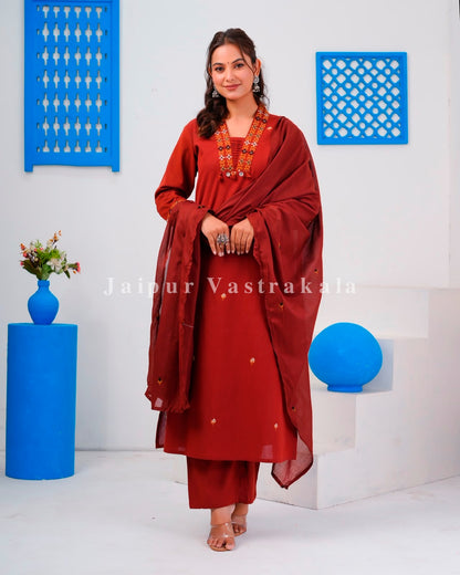 Rust Embroidery Flex Cotton Dupatta Set