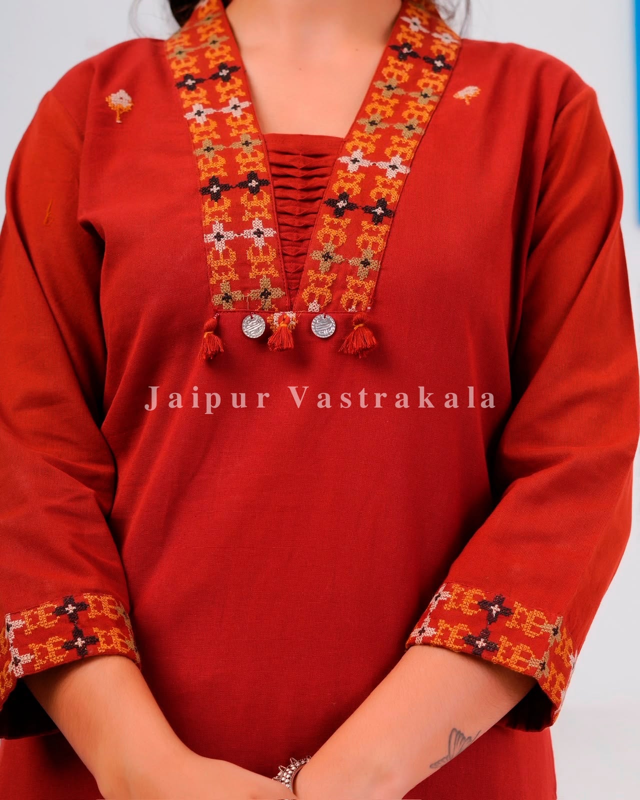 Rust Embroidery Flex Cotton Dupatta Set