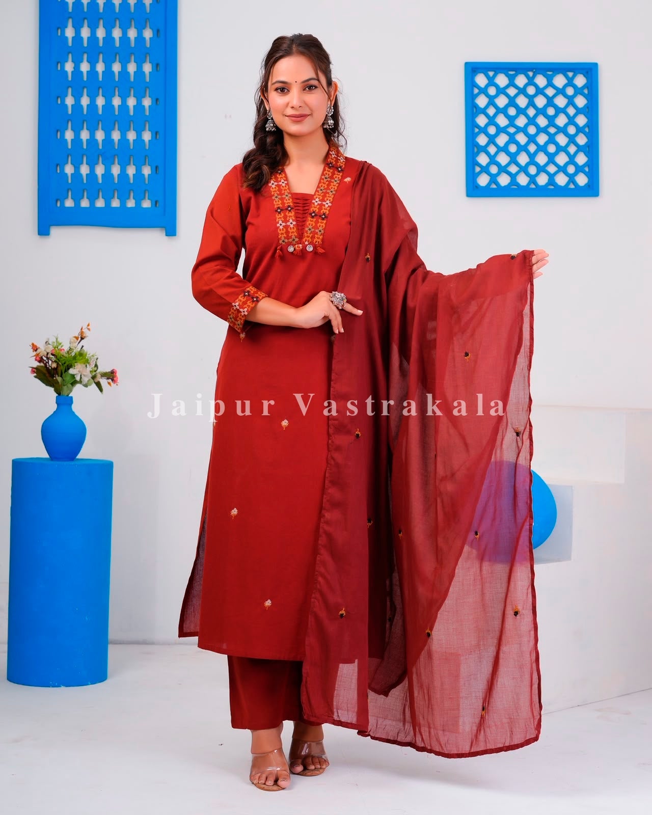 Rust Embroidery Flex Cotton Dupatta Set