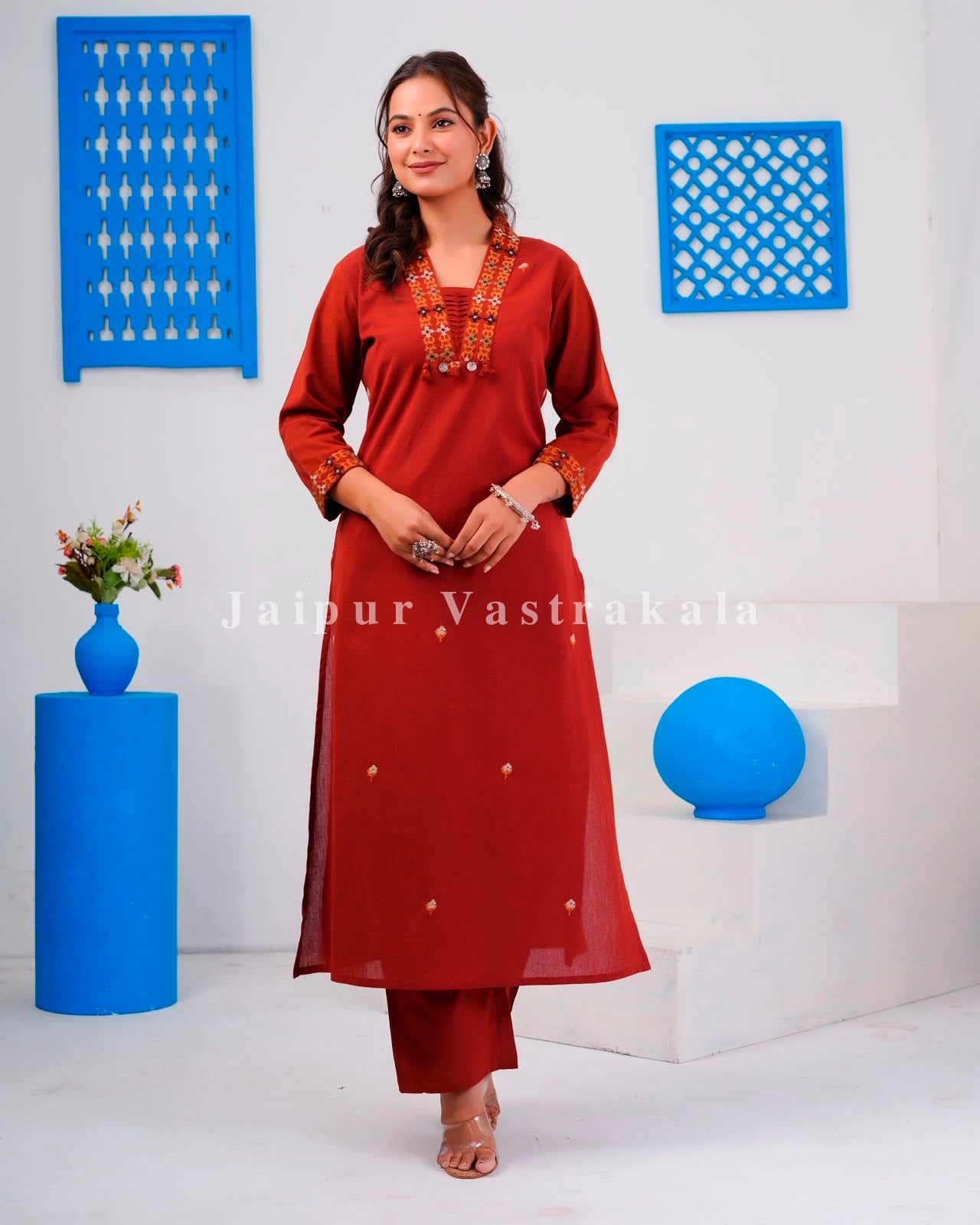 Rust Embroidery Flex Cotton Dupatta Set