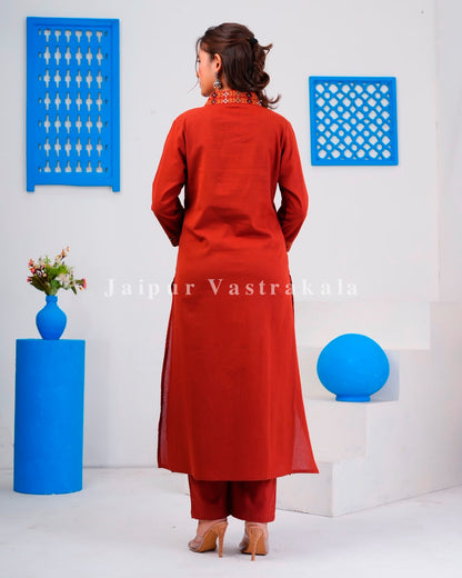 Rust Embroidery Flex Cotton Dupatta Set