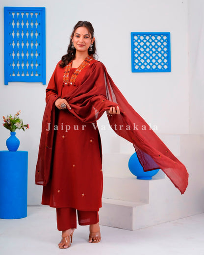 Rust Embroidery Flex Cotton Dupatta Set