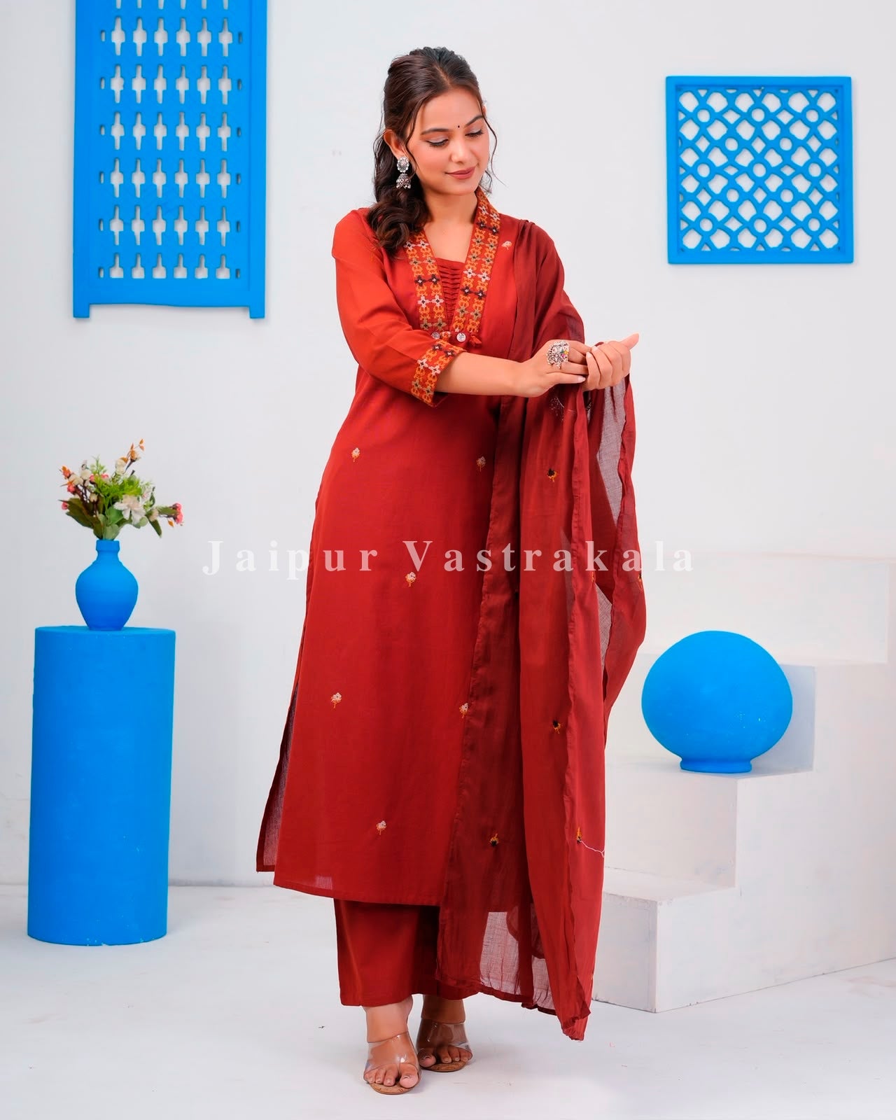 Rust Embroidery Flex Cotton Dupatta Set