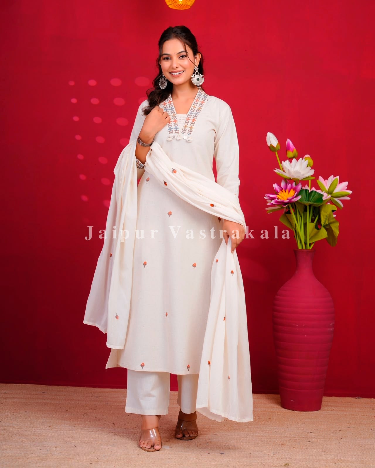 White Embroidery Flex Cotton Dupatta Set