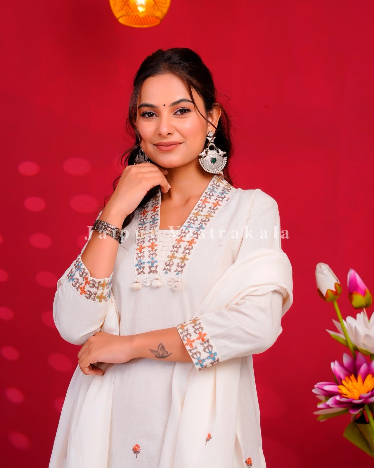 White Embroidery Flex Cotton Dupatta Set