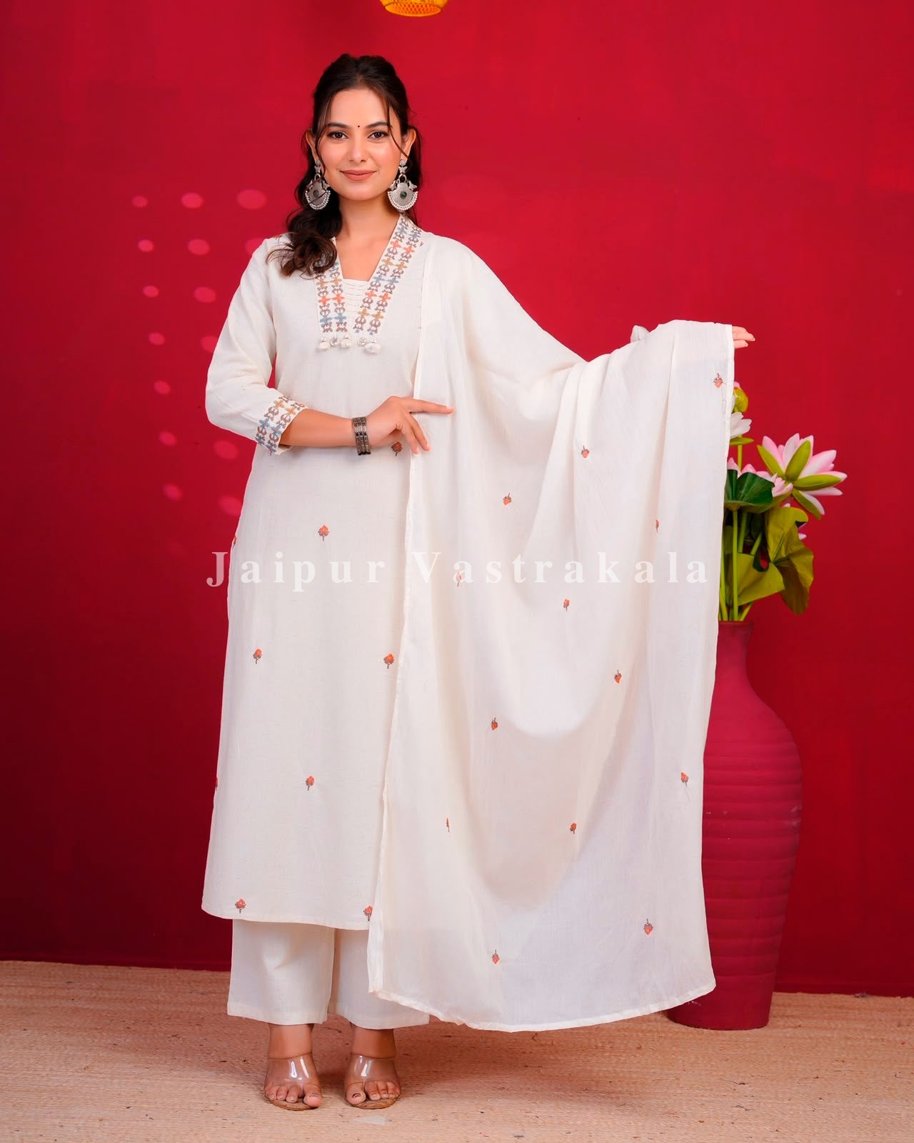 White Embroidery Flex Cotton Dupatta Set