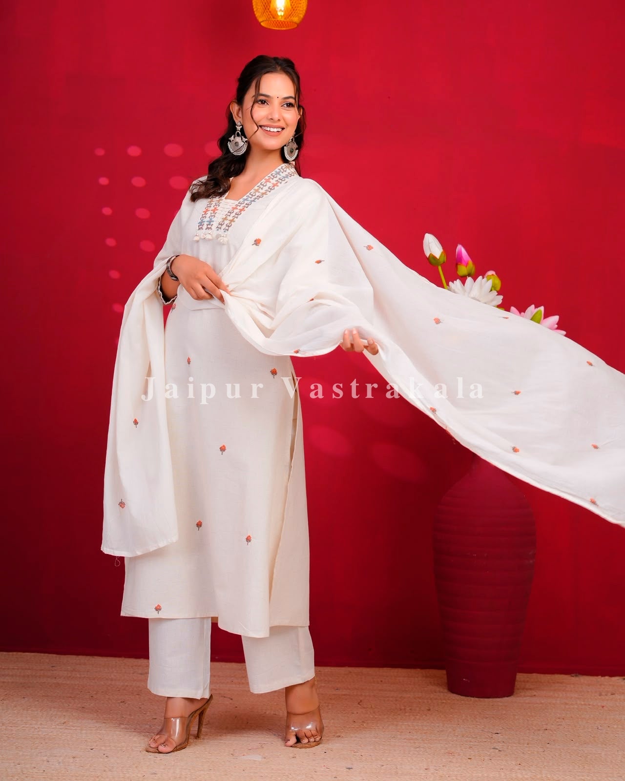 White Embroidery Flex Cotton Dupatta Set