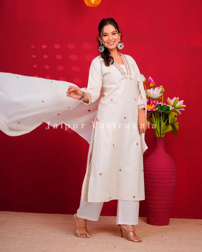 White Embroidery Flex Cotton Dupatta Set