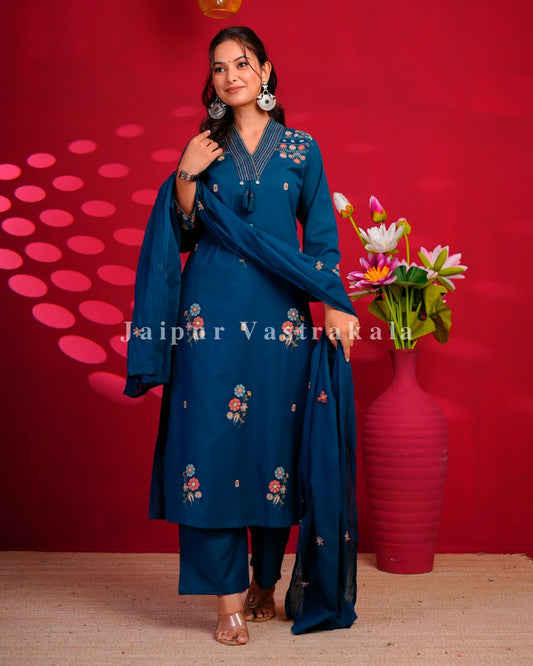 Blue Boota Embroidery Flex Cotton Dupatta Set