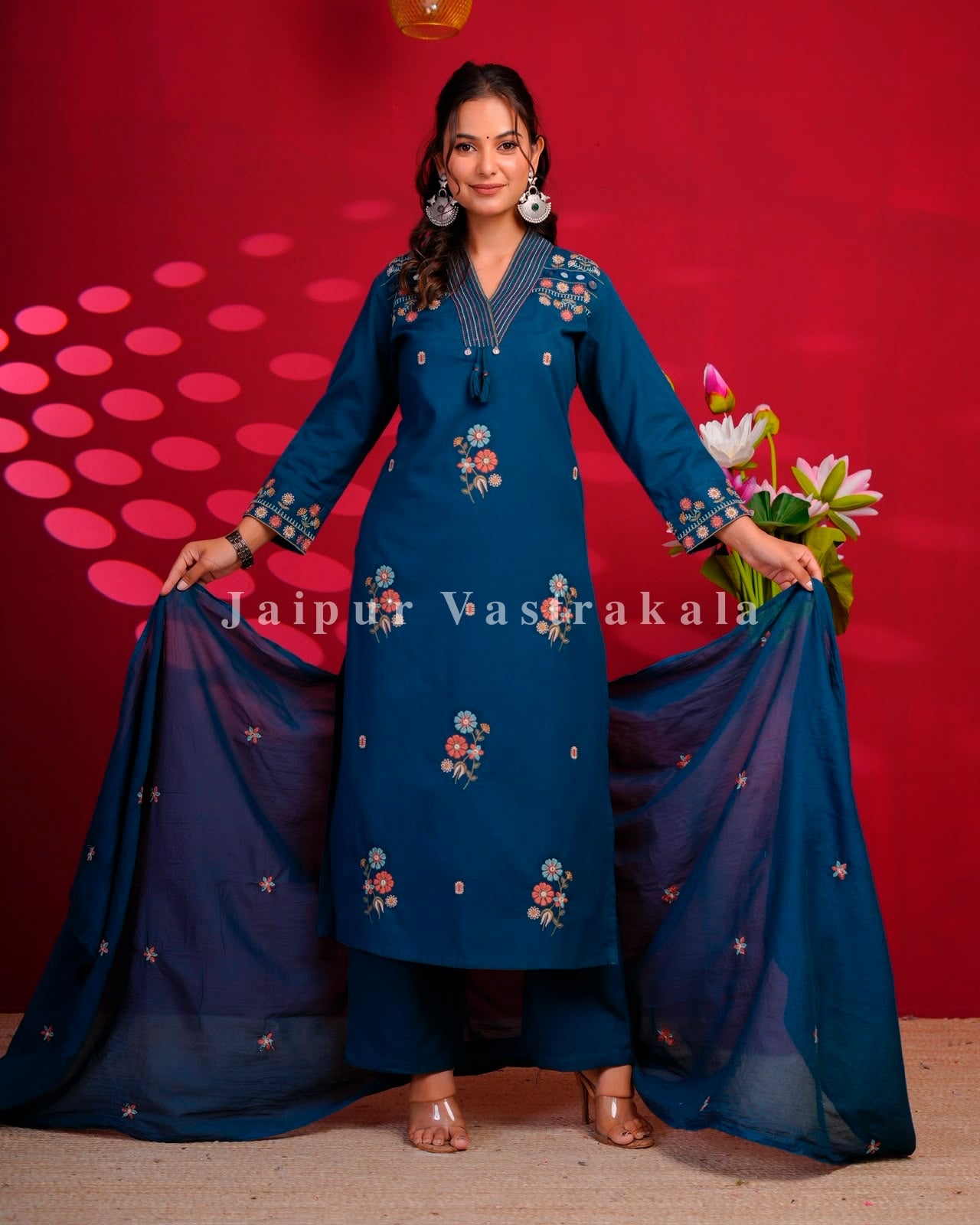 Blue Boota Embroidery Flex Cotton Dupatta Set