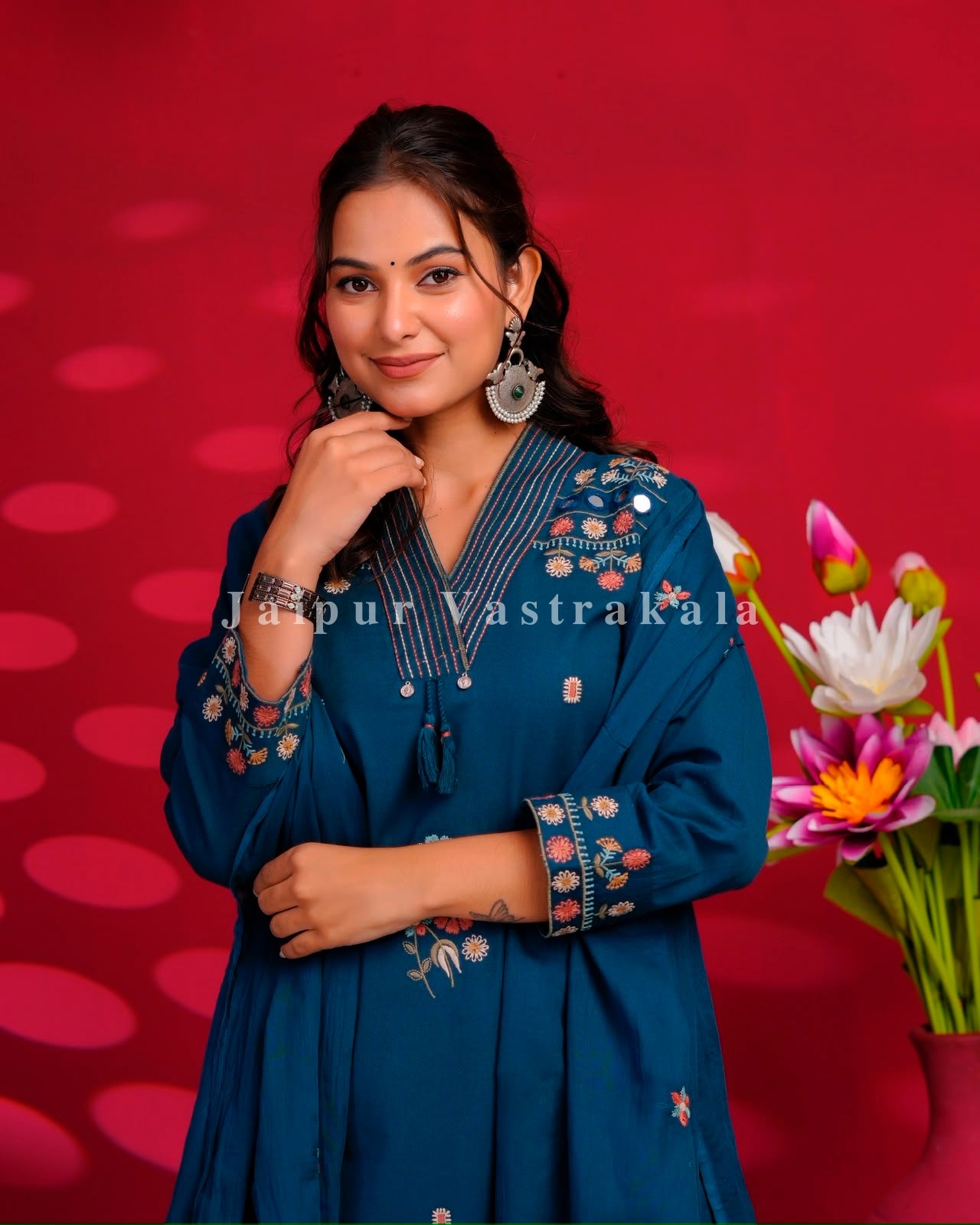 Blue Boota Embroidery Flex Cotton Dupatta Set