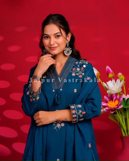 Blue Boota Embroidery Flex Cotton Dupatta Set