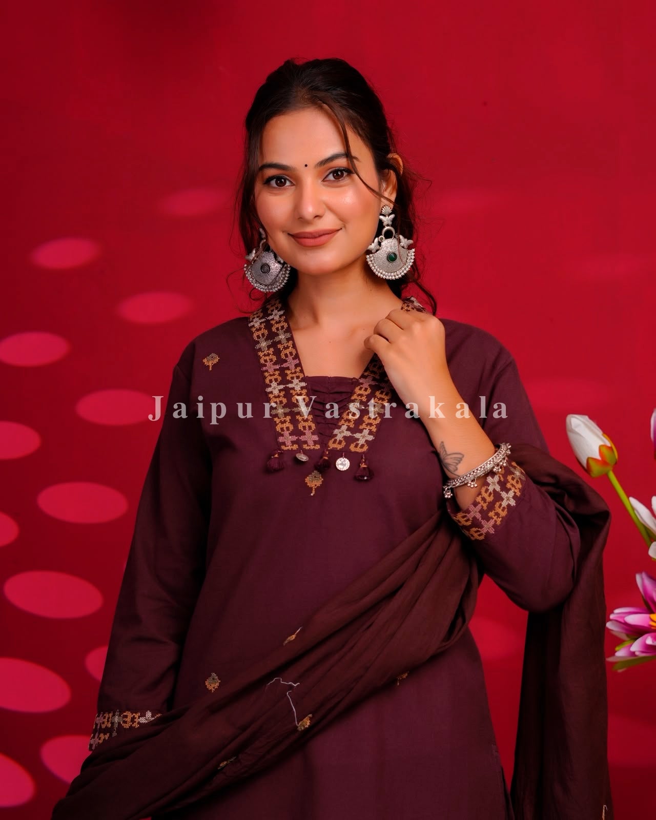 Coffee Brown Embroidery Flex Cotton Dupatta Set