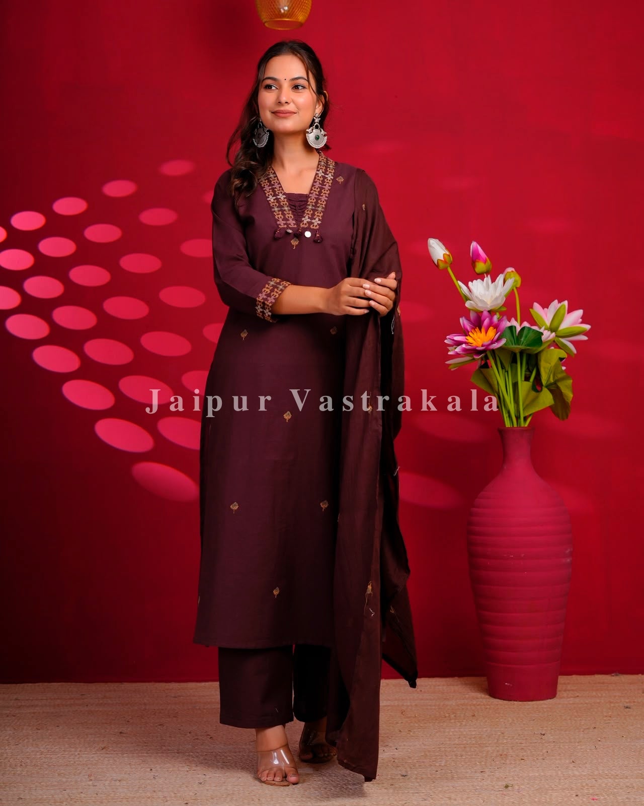 Coffee Brown Embroidery Flex Cotton Dupatta Set