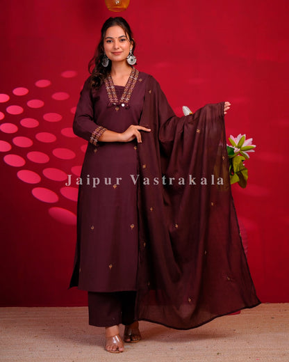 Coffee Brown Embroidery Flex Cotton Dupatta Set