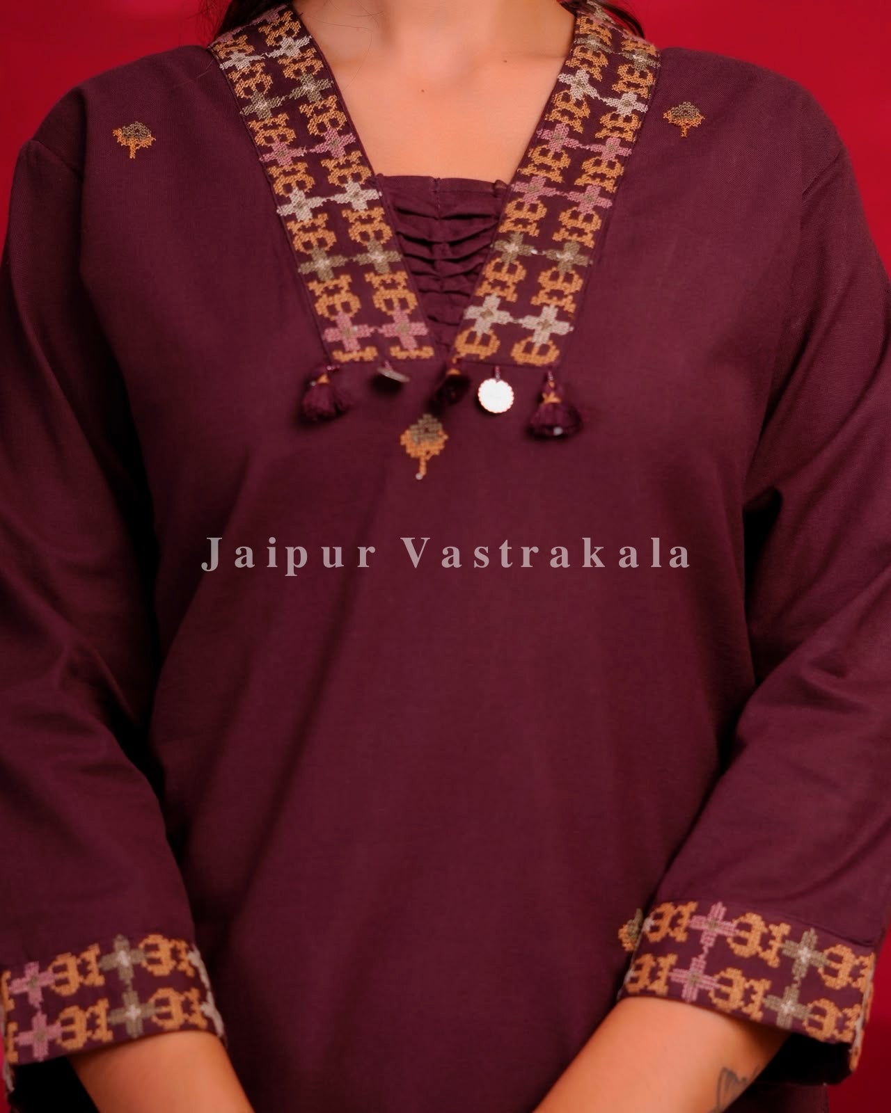 Coffee Brown Embroidery Flex Cotton Dupatta Set