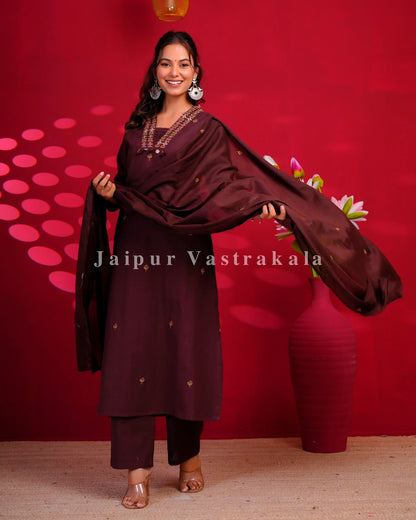 Coffee Brown Embroidery Flex Cotton Dupatta Set