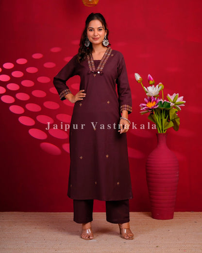 Coffee Brown Embroidery Flex Cotton Dupatta Set