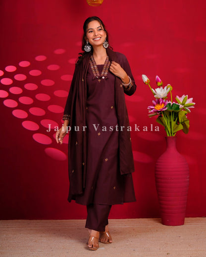 Coffee Brown Embroidery Flex Cotton Dupatta Set