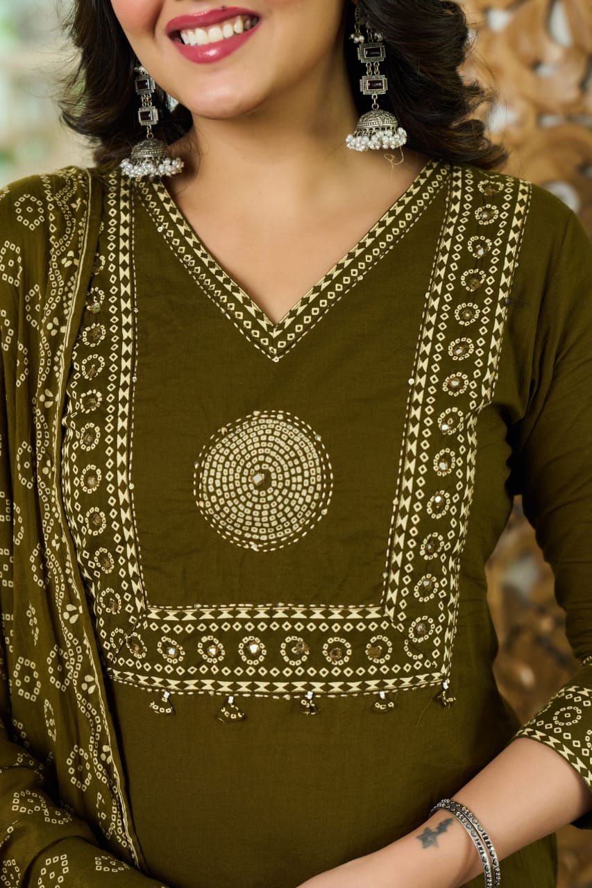 Mehandi Green Mandala Yoke Cotton Dupatta Set