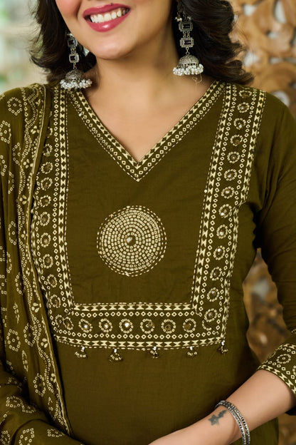 Mehandi Green Mandala Yoke Cotton Dupatta Set