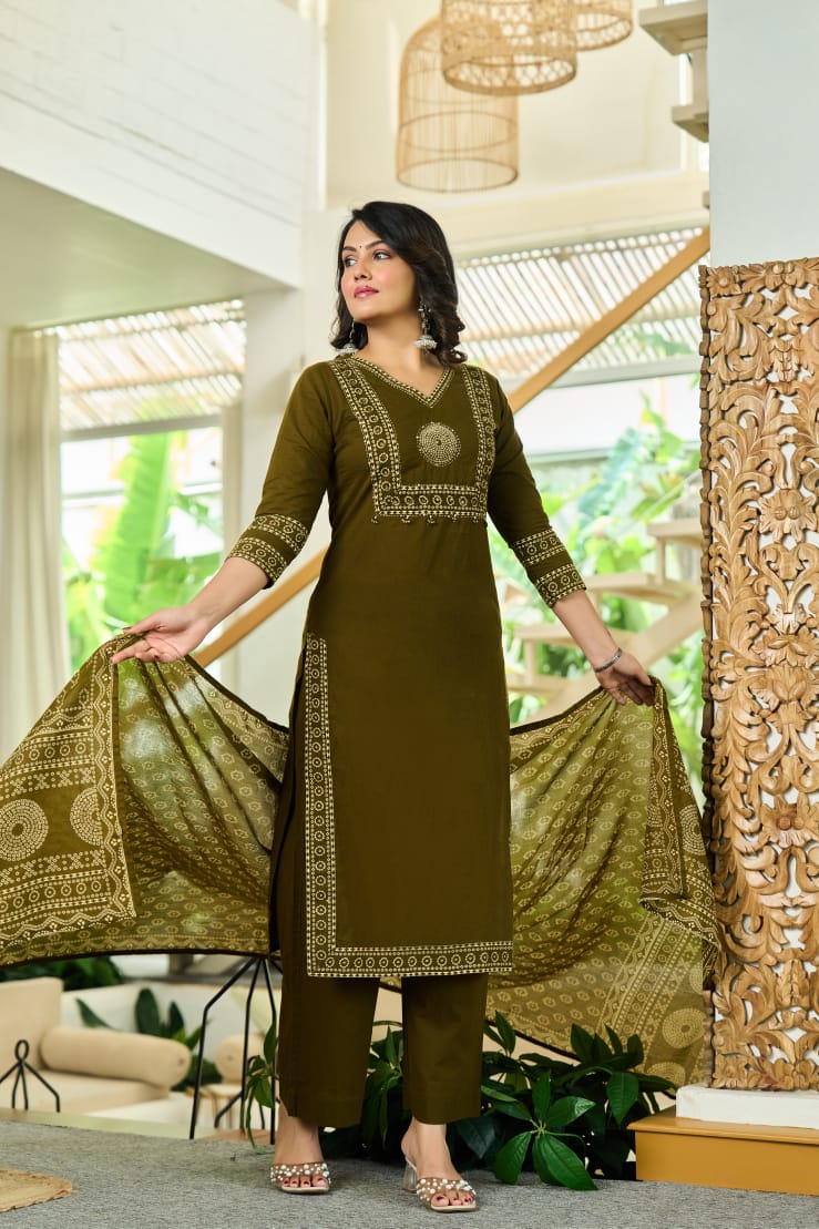 Mehandi Green Mandala Yoke Cotton Dupatta Set