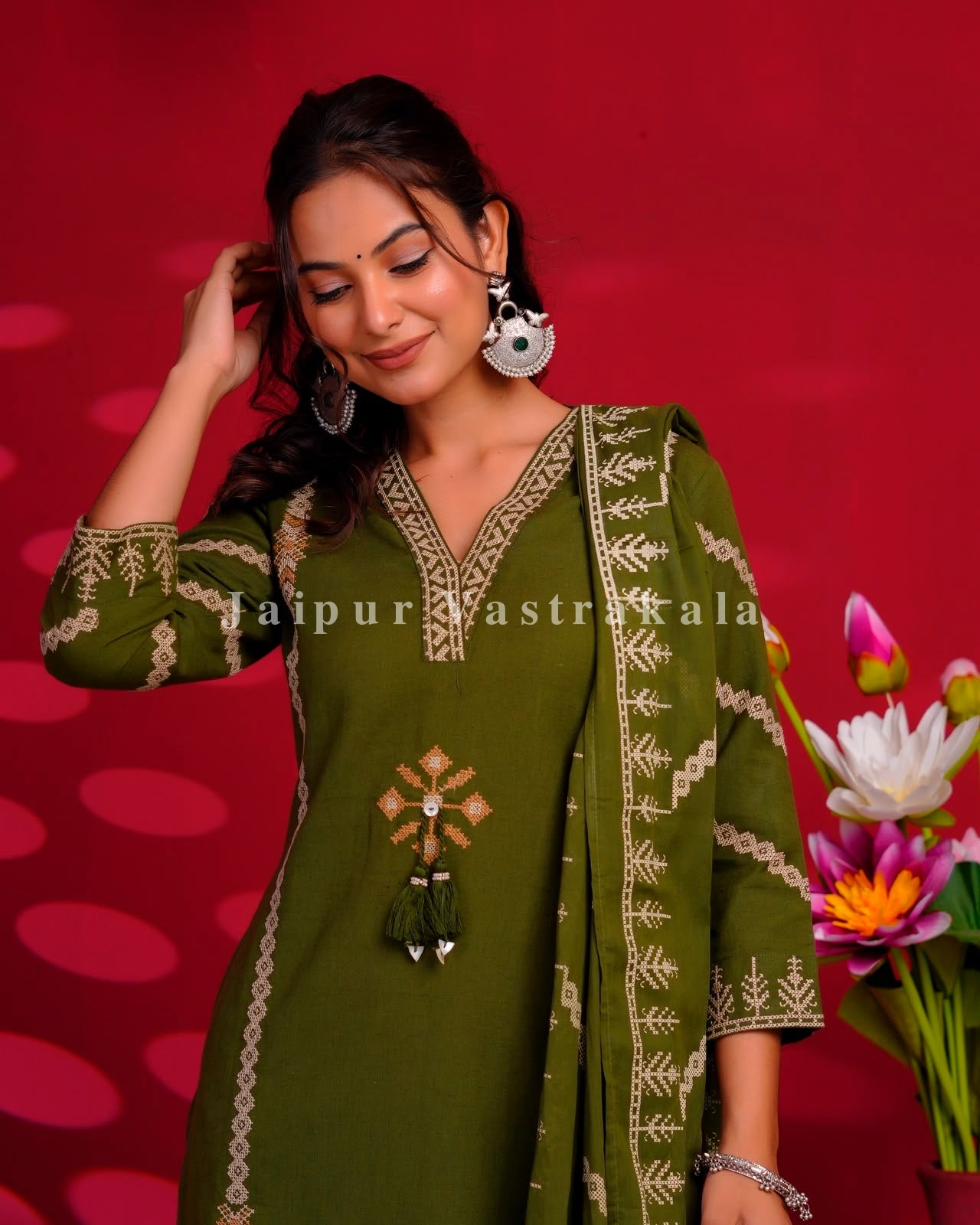 Green Embroidery Flex Cotton Dupatta Set