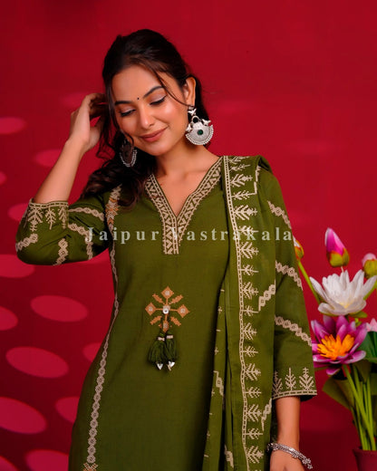 Green Embroidery Flex Cotton Dupatta Set