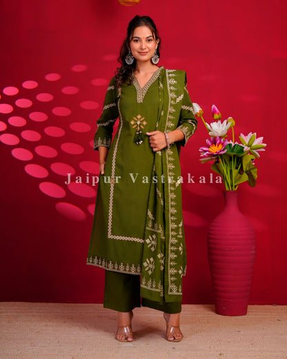 Green Embroidery Flex Cotton Dupatta Set
