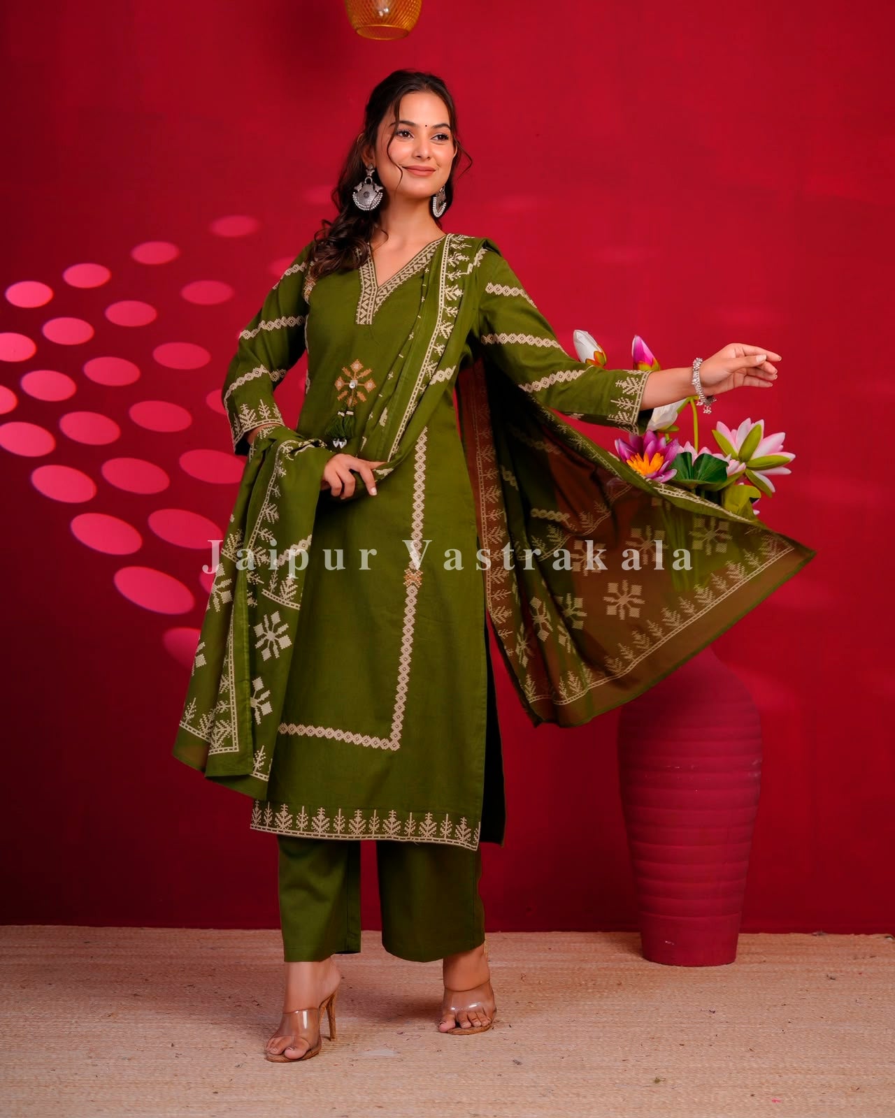 Green Embroidery Flex Cotton Dupatta Set