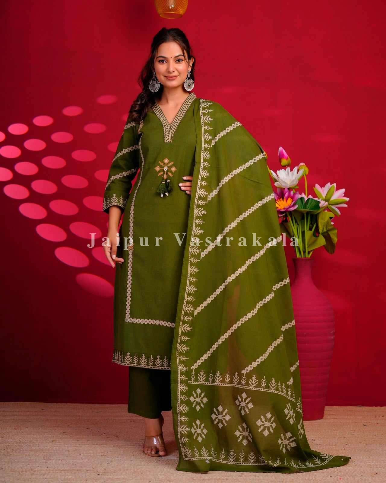 Green Embroidery Flex Cotton Dupatta Set