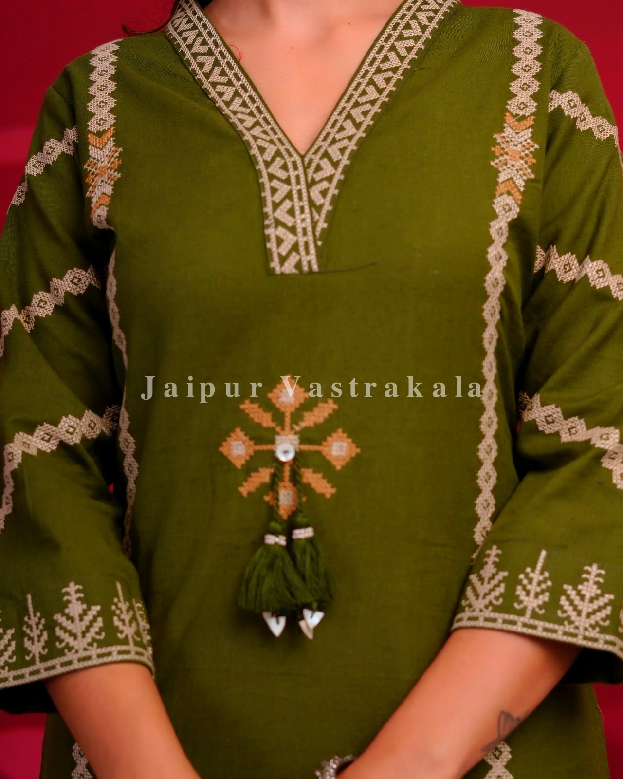 Green Embroidery Flex Cotton Dupatta Set