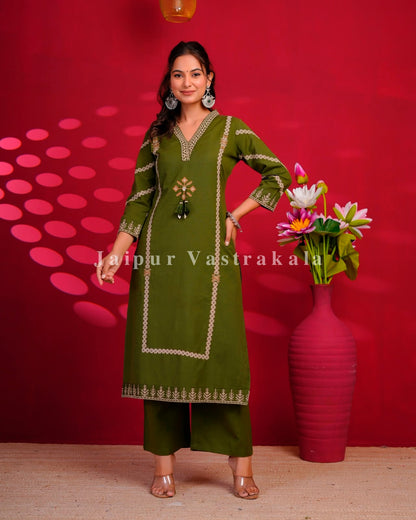 Green Embroidery Flex Cotton Dupatta Set