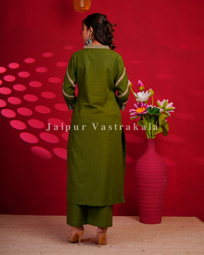 Green Embroidery Flex Cotton Dupatta Set