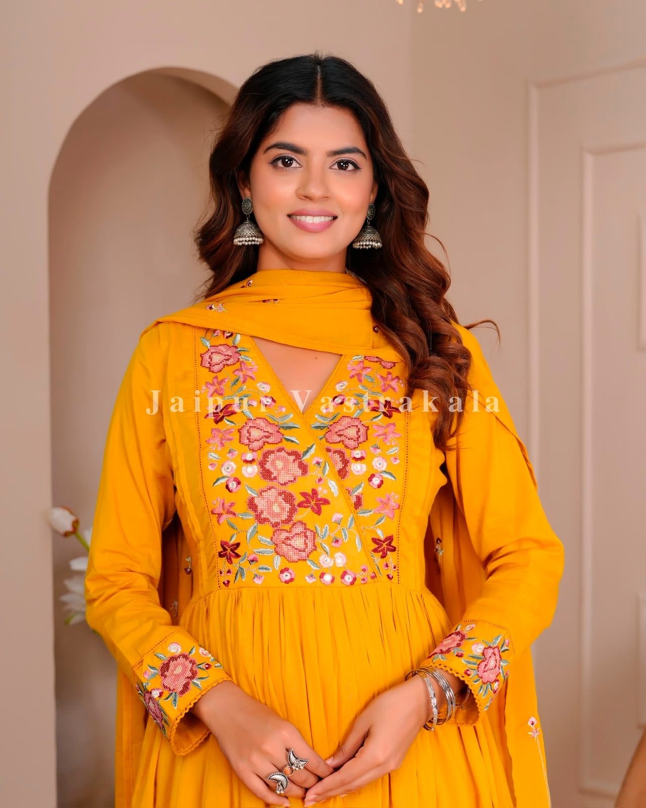 Yelow Petals Embroidery Mul Cotton Anarkali Suit