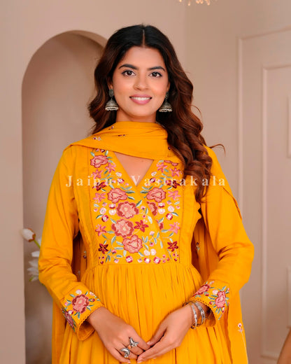Yelow Petals Embroidery Mul Cotton Anarkali Suit
