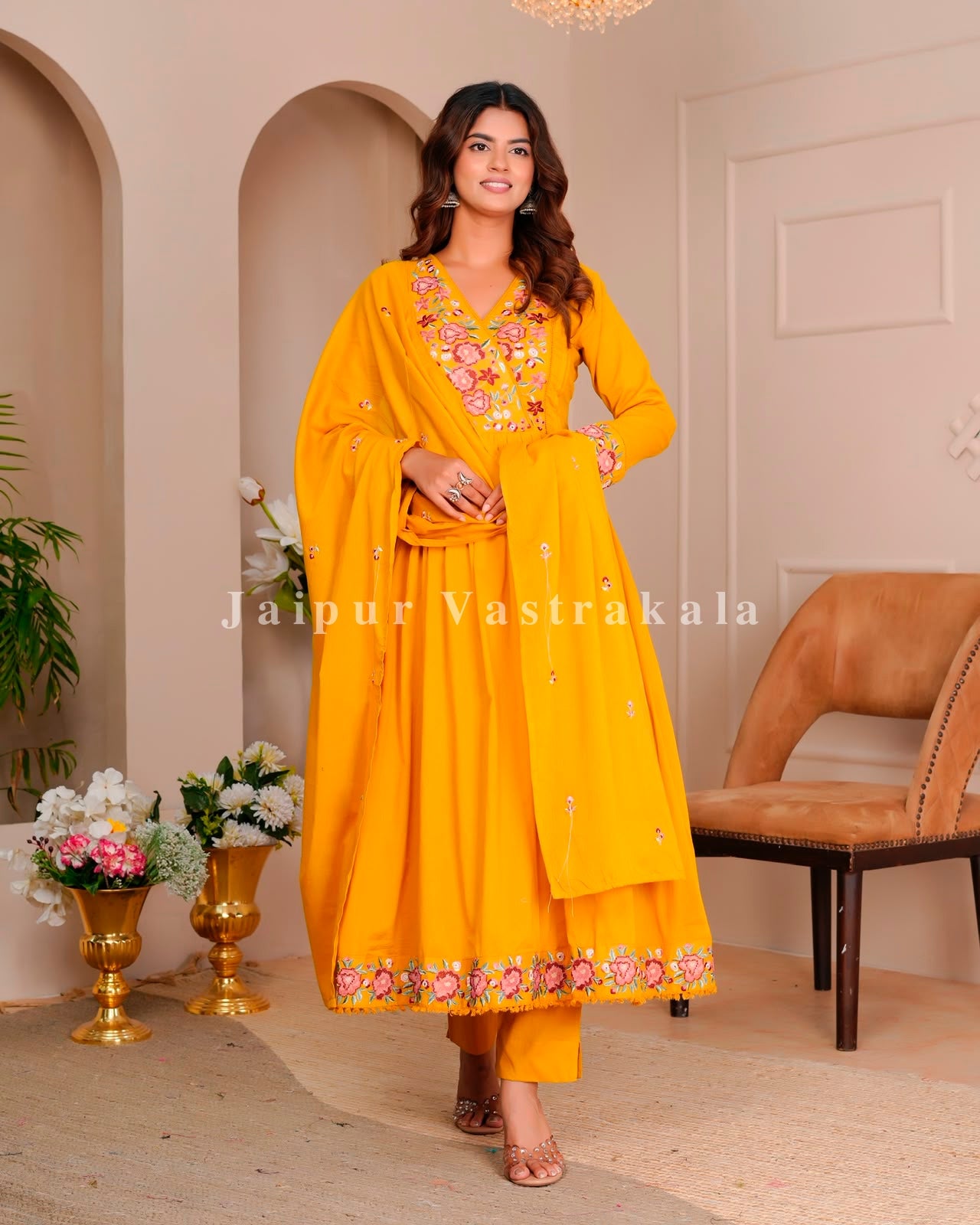 Yelow Petals Embroidery Mul Cotton Anarkali Suit