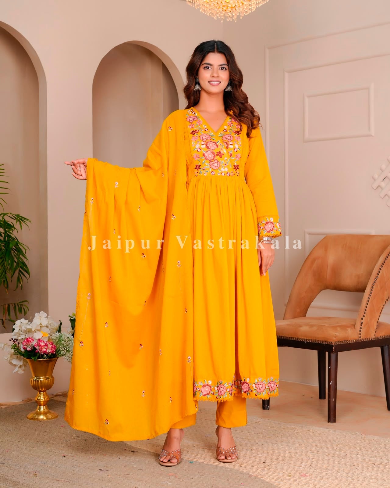 Yelow Petals Embroidery Mul Cotton Anarkali Suit