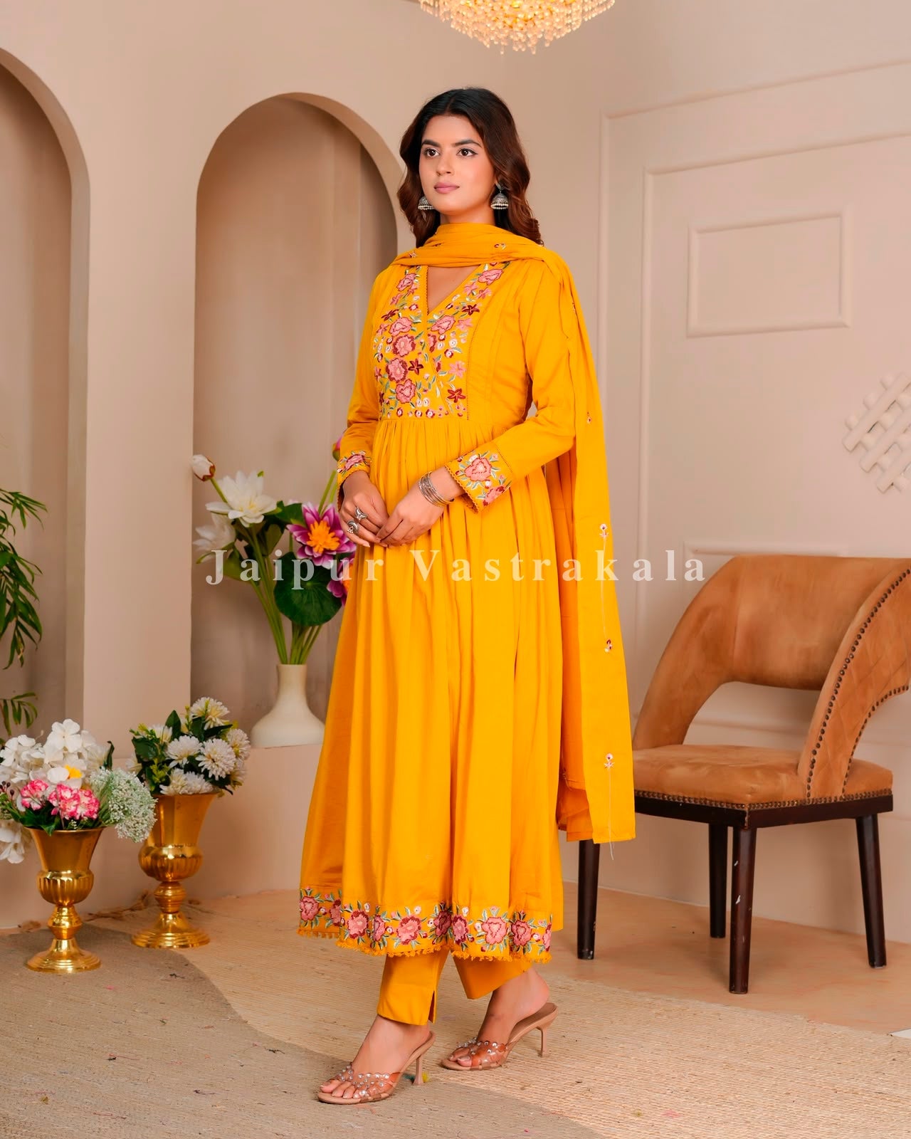 Yelow Petals Embroidery Mul Cotton Anarkali Suit