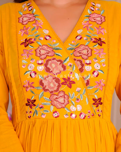 Yelow Petals Embroidery Mul Cotton Anarkali Suit