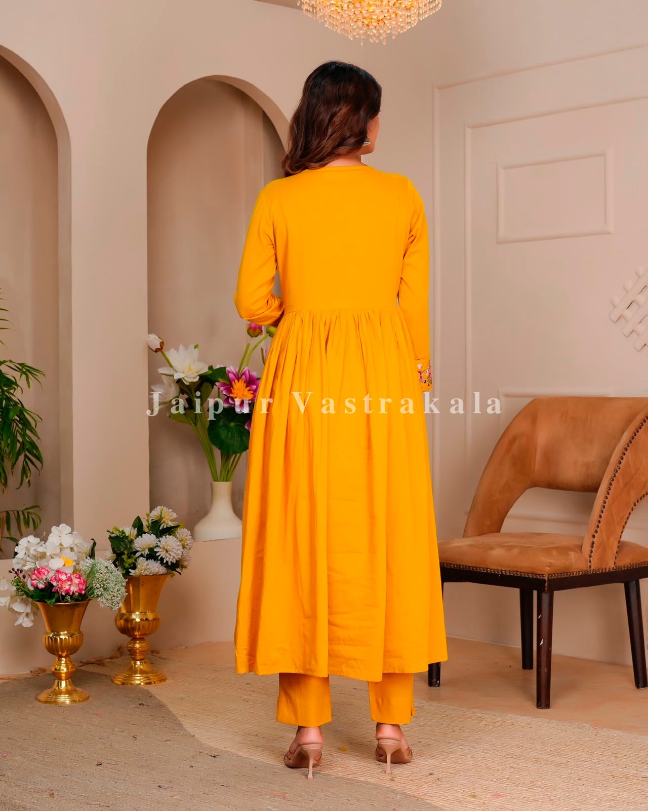 Yelow Petals Embroidery Mul Cotton Anarkali Suit