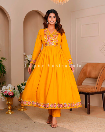 Yelow Petals Embroidery Mul Cotton Anarkali Suit