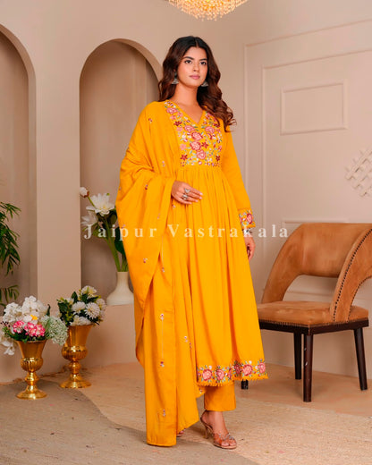 Yelow Petals Embroidery Mul Cotton Anarkali Suit