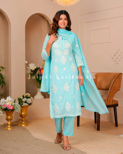 Azure Mul Cotton Embroidery Cotton Dupatta Set