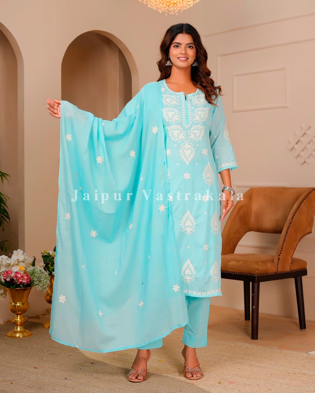 Azure Mul Cotton Embroidery Cotton Dupatta Set