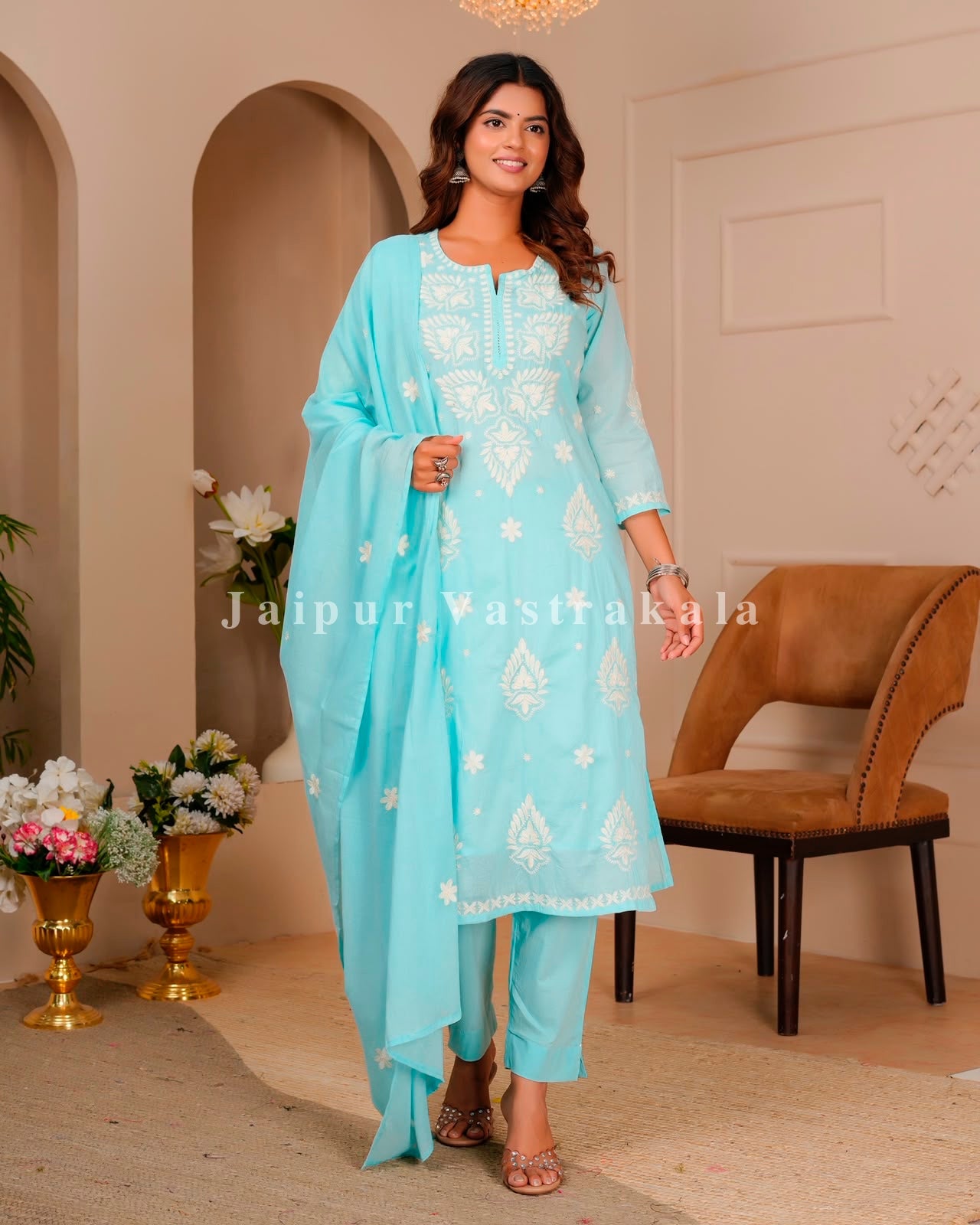 Azure Mul Cotton Embroidery Cotton Dupatta Set