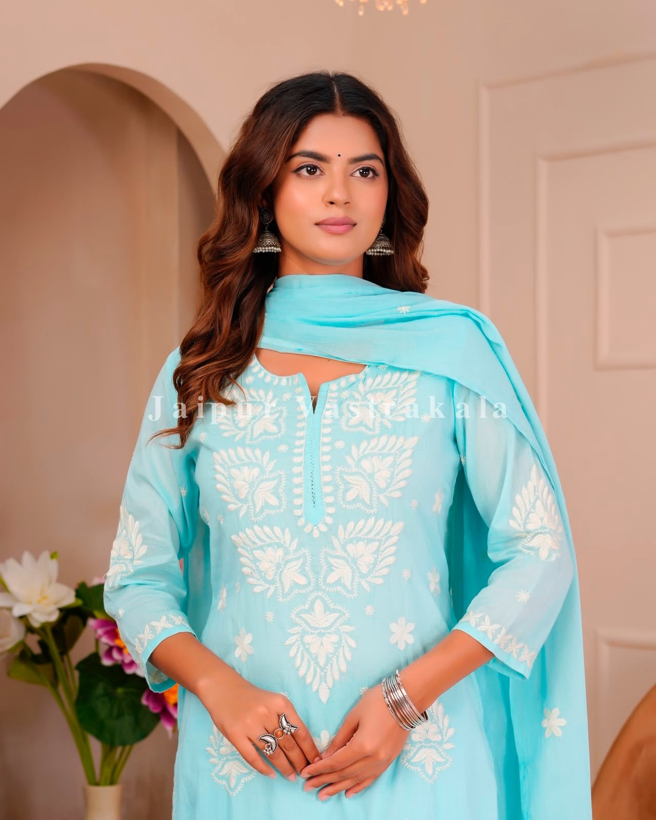 Azure Mul Cotton Embroidery Cotton Dupatta Set