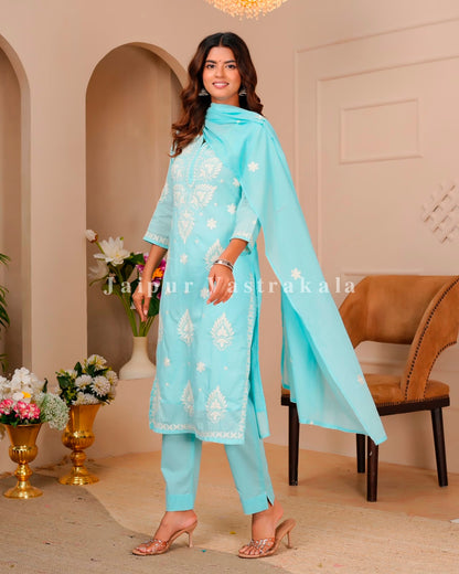 Azure Mul Cotton Embroidery Cotton Dupatta Set