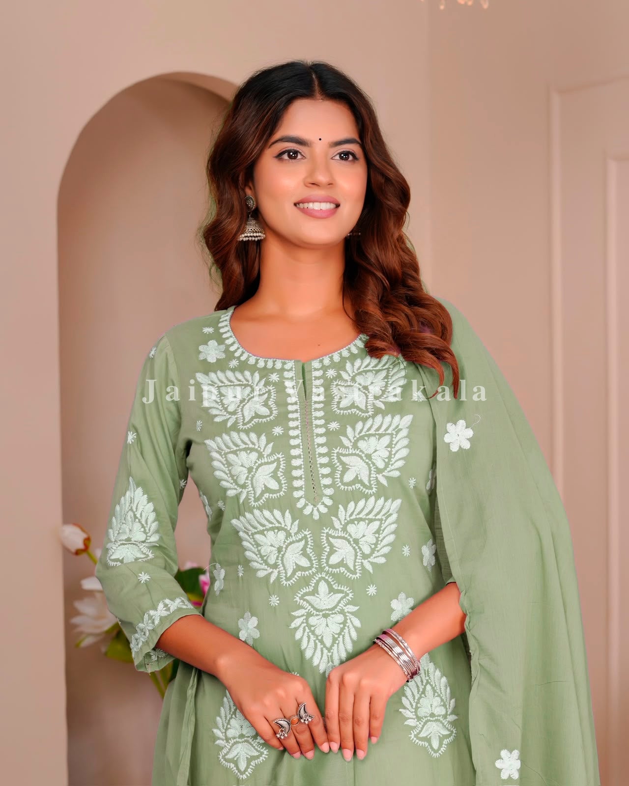 Pista Mul Cotton Embroidery Cotton Dupatta Set
